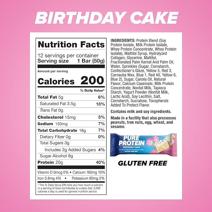 Pure Protein Birthday Cake and Galactic Brownie Protein Bars High Protein Nutritious Snacks 20g Protein Gluten Free Packs of 12