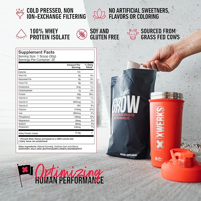 Xwerks Grow Whey Protein Powder 25g Pure Isolate Protein from New Zealand Grass Fed Cows Builds Strength and Speeds Recovery Paleo and Keto Friendly Soy and Gluten Free Vanilla 30 Servings
