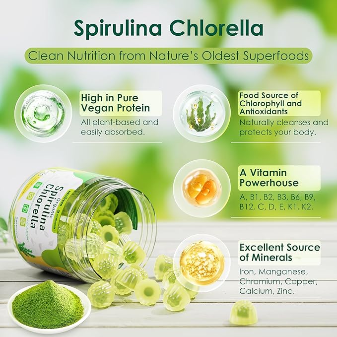Organic Spirulina Chlorella Gummies 1 Pack + Sugar Free Kids Multivitamin Gummies 1 Pack