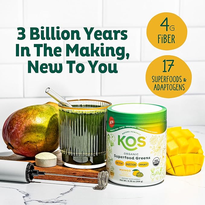 KOS Organic Superfood Greens Powder - Gut Health from Prebiotic Fiber Supergreens and Adaptogens - USDA Certified Organic Made in a GMP Certified Facility - 28 Servings Mango