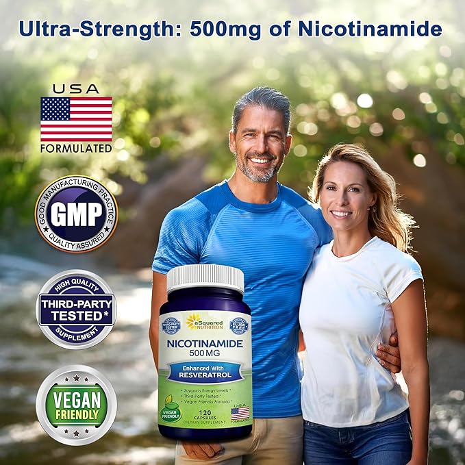aSquared Nutrition Nicotinamide with Resveratrol - 120 Veggie Capsules - Vitamin B3 500mg (Niacinamide Flush Free) - Supplement Pills to Support NAD Skin Cell Health &amp Energy
