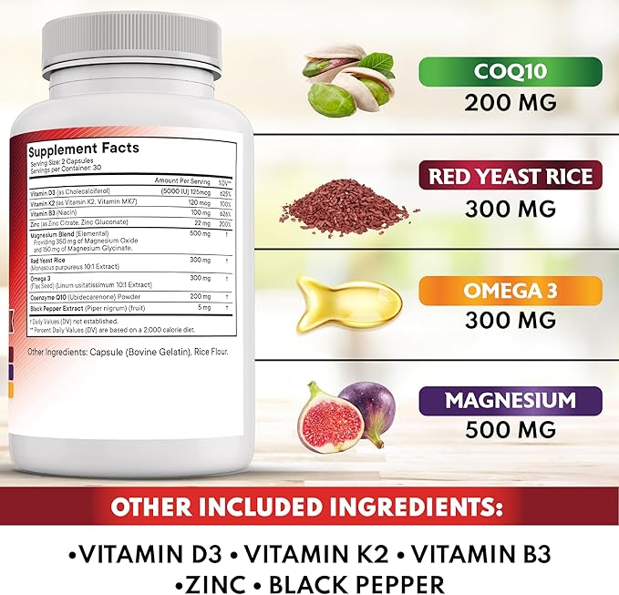 NEW AGE COQ10 200mg Red Yeast Rice 3000mg Omega 3-6-9 3000mg Magnesium Complex 500mg Zinc Vitamin K2 D3 - Vitamins for Women and Men with Vitamin B3 Coenzyme Q10-120 Count