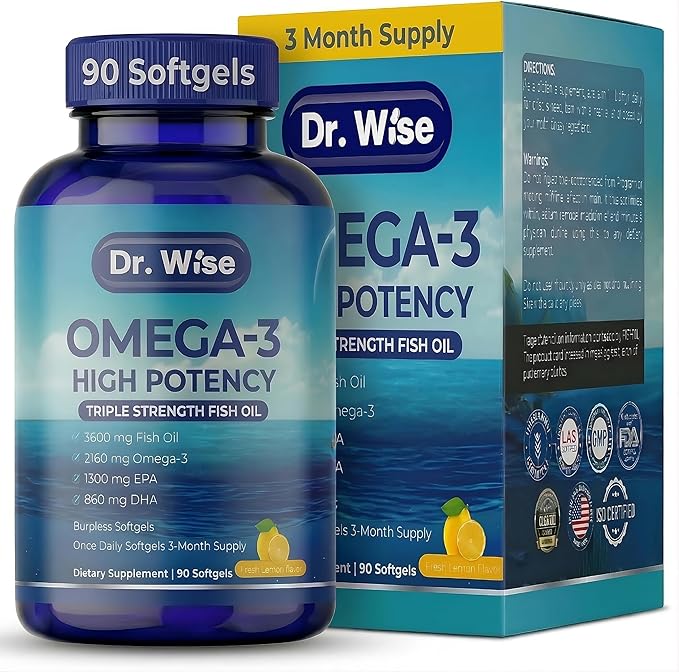 Dr. Wise Omega 3 Fish Oil 3600mg – 2160mg Omega-3 per Softgel (1300mg EPA 860mg DHA) – Triple Strength Once Daily – 90 Burpless Lemon Softgels – 3-Month Supply