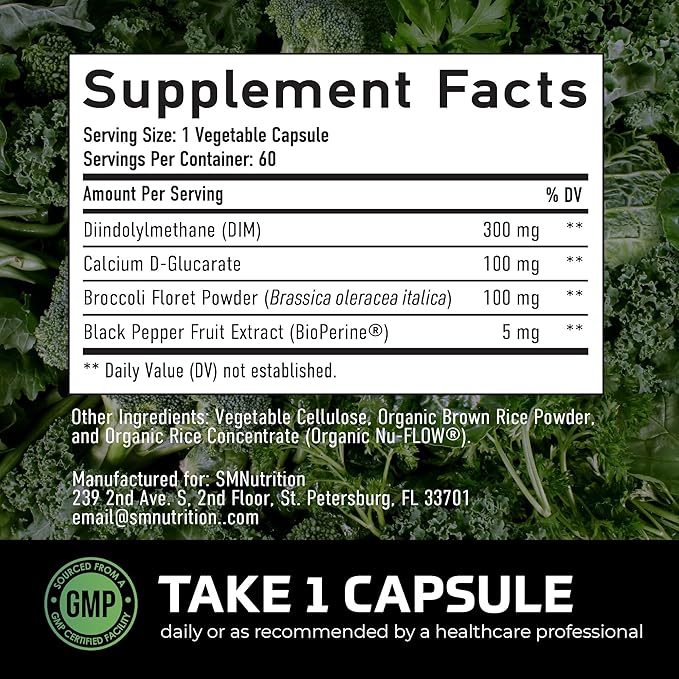 DIM Supplement for Men 300mg | Estrogen Blocker &amp Aromatase Inhibitor | Extra Strength Men’s Hormone Balance &amp Fitness Booster with Diindolylmethane Plus CDG &amp Broccoli Floret | Gluten-Fre