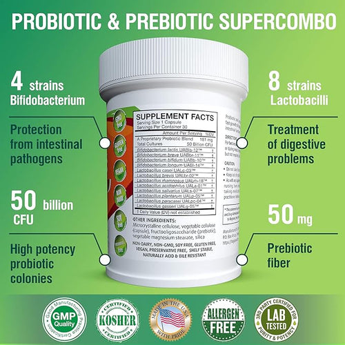 50 Billion CFU Prebiotic and Probiotic Supplement for Women and Men 12 Strains for Daily Immune Support and Digestive Health 30 Veggie Capsules Non Refrigerated High Potency Probiotics
