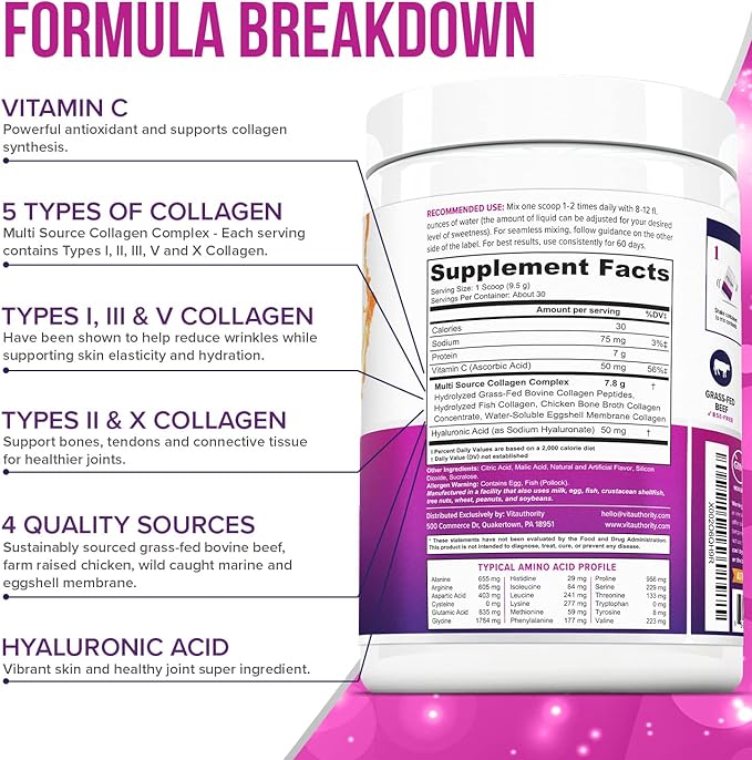 Multi Collagen Peptides Powder for Women - Hydrolyzed Flavored Collagen Powder for Women with Types I II III V &amp X Vitamin C &amp Hyaluronic Acid for Hair Skin and Nails (Peach Mango) - 30 Servin