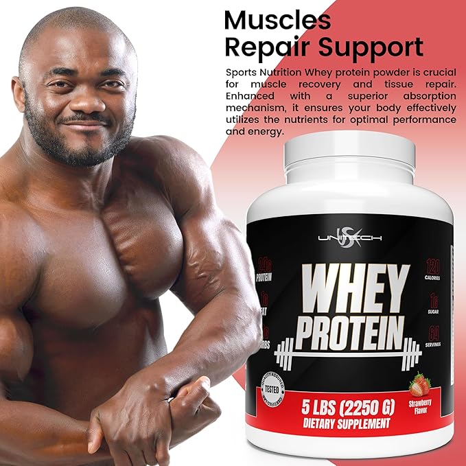 Unitech USK Whey Protein Strawberry Powder | Muscle Repair &amp Metabolism Support | Protein with Essential Amino Acids Enzymes &amp Minerals | Sports Supplement | Strawberry Flavor 80oz