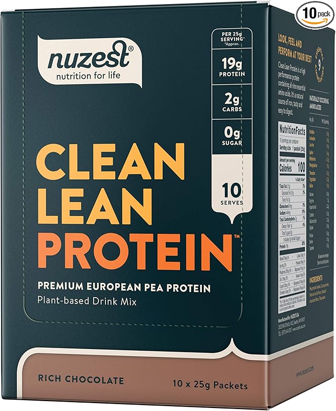 Nuzest - Pea Protein Powder - Clean Lean Protein Premium Vegan Plant Based Protein Powder Dairy Free Gluten Free GMO Free Protein Shake Rich Chocolate 0.9 oz (Pack of 10)