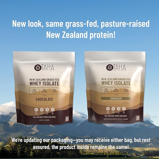 Taha Health &amp Nutrition Chocolate Whey Protein Isolate Powder 30g Protein 7.9g BCAAs 4.3g Leucine | New Zealand Free-Range Grass-Fed Dairy | Gluten-Free Keto Kosher | 2LB ~24 Servings