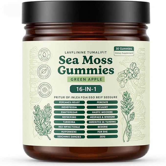 Sea Moss Gummies 16-in-1 Ashwagandha Black Seed Oil Bladder Wrack Turmeric Vitamin C Apple Cider Vinegar Non-GMO (Green Apple)
