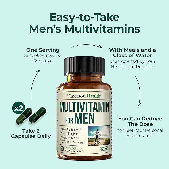 Multivitamin for Men with Vitamins and Minerals for Energy Focus and Immune Health – Premium Daily Mens Multivitamins &amp Multiminerals – 60 Liquid Capsules