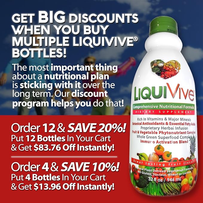 LiquiVive Liquid Vitamins Mega Nutrition | Vegetarian Daily Multivitamin Balance Immune Support Booster Superfood of Nature | Vitamin C D3 A B12 E K | 99.9% Vegan Non-GMO Gluten Free 32 fl oz