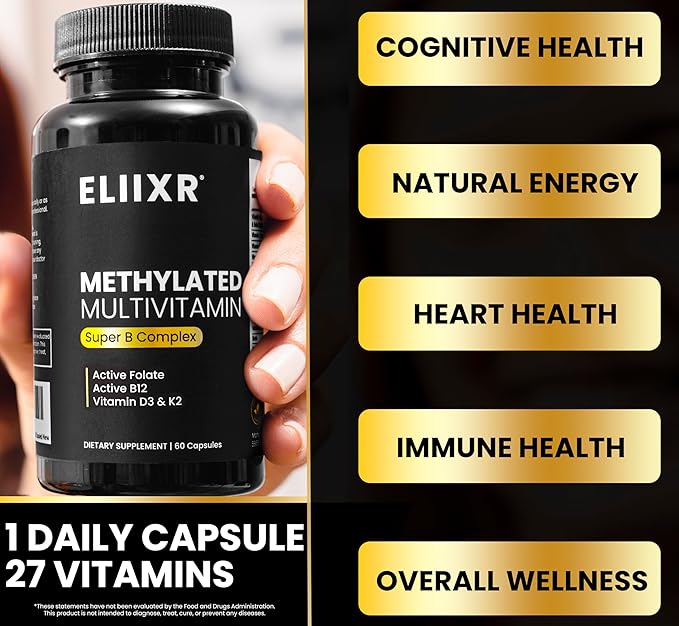 Eliixr Methylated Multivitamin 27-in-1 Formula with 1500 mcg Active Folate Methylated B12 K2 D3 B-Complex and more Women and Mens Multivitamins 60 Vegan Capsules 2 month supply Made in the USA