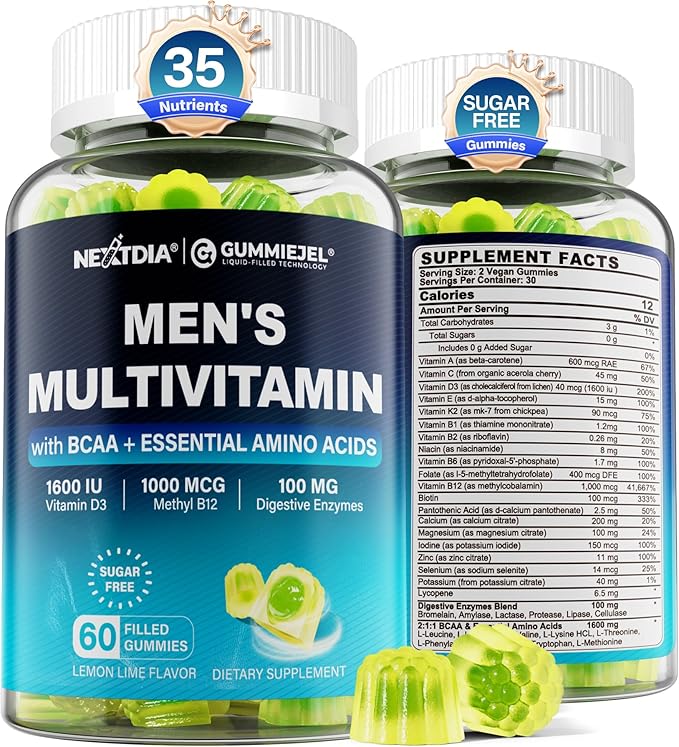 Methylated Multivitamin for Men Gummies BCAA Amino Acids Zinc Daily Vitamin A C D3 E K2 B Complex Calcium Magnesium Lycopene Digestive Enzymes - Energy Immune Muscle- Sugar Free Vegan 60Cts