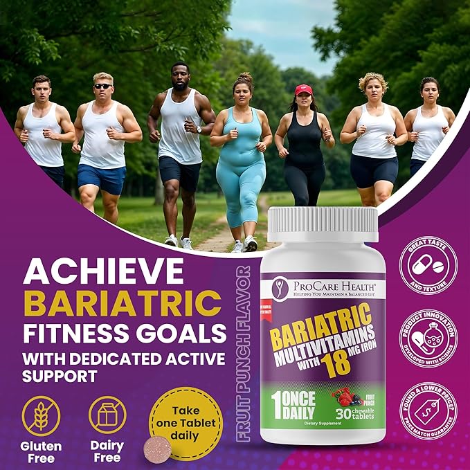 ProCare Health Bariatric Chewable Multivitamin with Iron 18mg (30 Tablets) - Fruit Punch Flavor Bariatric Multivitamin Chewable for Gastric Bypass &amp Sleeve Gastrectomy Patients* (1 Month Supply)