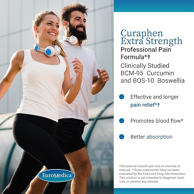 EuroMedica Curaphen Extra Strength - Curcumin &amp Boswellia Supplement for Healthy Circulation Support - Turmeric Supplement to Support Joints Muscle Health &amp Endorphin Production - 60 Tablets