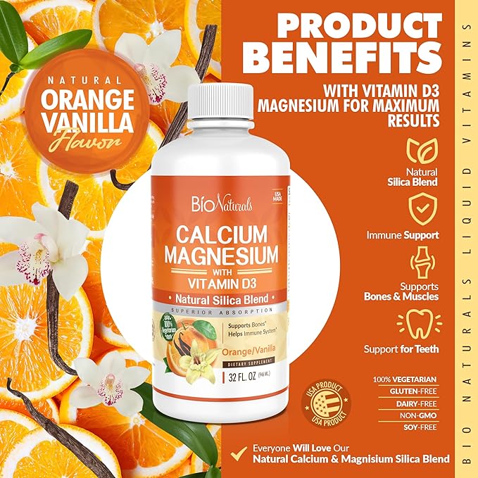Bio Naturals Calcium &amp Magnesium Liquid Supplement with Vitamin D3 - Natural Formula FOUR Types of Calcium Supports Strong Bones with Superior Absorption to Pills - 100% Vegetarian - 32 fl oz