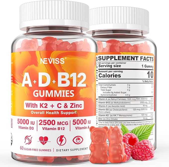 Methylated Multivitamin Women Men Vitamin D3 K2 5000IU / 10000IU B12 5000 mcg 2500mcg K2 (MK-7) 240mcg- ADK+Methyl Vitamin B12 Vegan D3Vitamin ACZinc EyeBoneEnergyImmune Sugar-Free Gummies