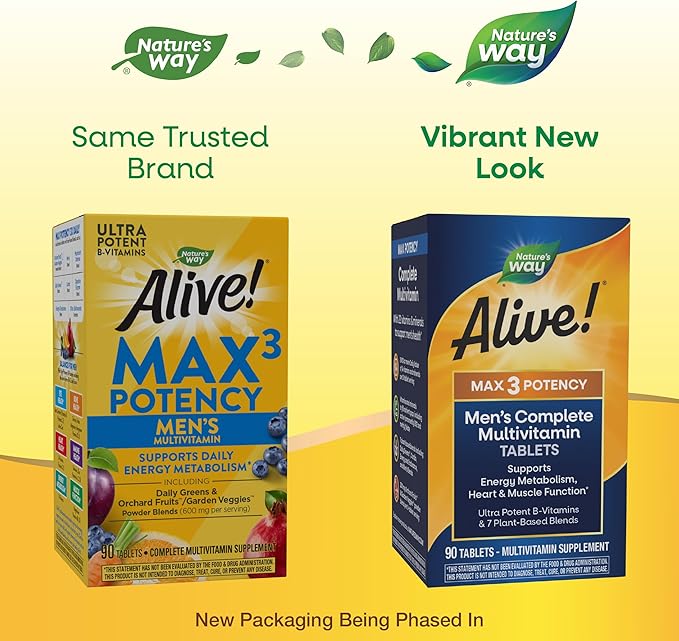 Nature’s Way Alive! Men’s Max3 Potency Multivitamins Supports Energy Metabolism* Heart &amp Muscle Function* with Methylated B12 and Folate Gluten-Free 90 Tablets