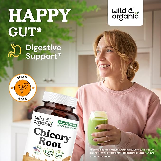 Wild &amp Organic Chicory Root Fiber Capsules - 1200 mg of Chicory Root Powder per Serving - Digestive &amp Gut Support - Inulin Prebiotic Fiber Supplement - Non-GMO Vegan Inulin Capsules - 120 Cou