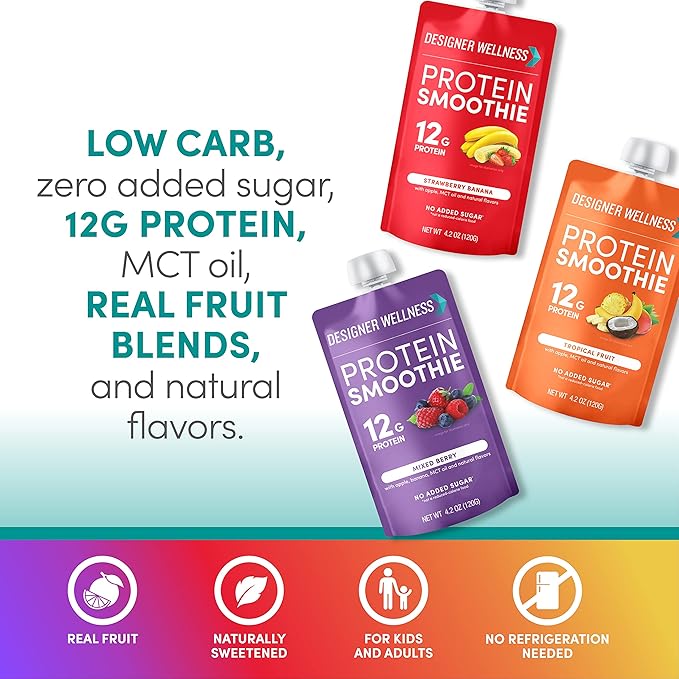Designer Wellness Protein Smoothie Real Fruit 12g Protein Low Carb Zero Added Sugar Gluten-Free Non-GMO No Artificial Colors or Flavors Variety Pack 12 Count