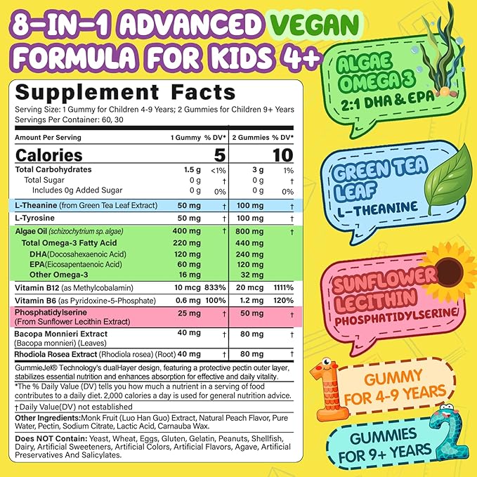 Kids Focus Gummies - Brain Supplements with Vegan Omega 3 DHA Phosphatidylserine L-Theanine L-Tyrosine Methylated B6 &amp B12 for Kids &amp Teen Support Attention Memory Nootropic Sugar Free