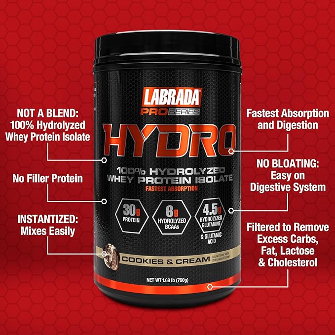 Labrada Hydro 100% Pure Hydrolyzed Whey Protein Isolate Powder Lactose free 6g BCAA’s 4.5g Glutamine Fastest Digesting Whey Available Instant Mixing Delicious Taste 20 Servings (Cookies &amp Cr