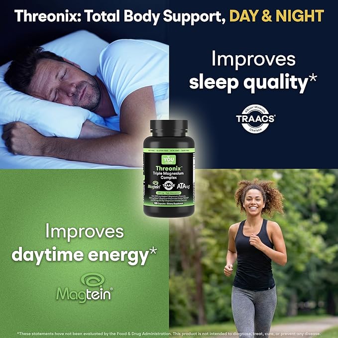 Threonix Triple Magnesium Complex - 200 mg Magnesium from 2450 mg of Magtein L-Threonate Bisglycinate Chelate TRAACS &amp ATA Mg - Brain Sleep &amp Mood Support - High Absorption - 120 Capsules