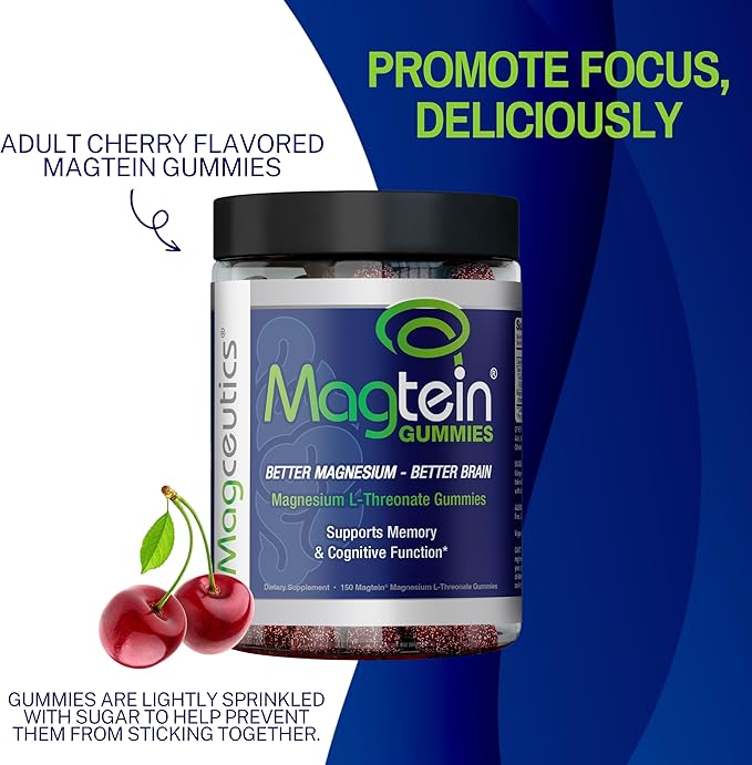 Magtein Gummies - Magnesium L-Threonate Gummy Brain Support Focus Supplement Boost Memory &amp Cognitive Function - 150 Vegan Gummies