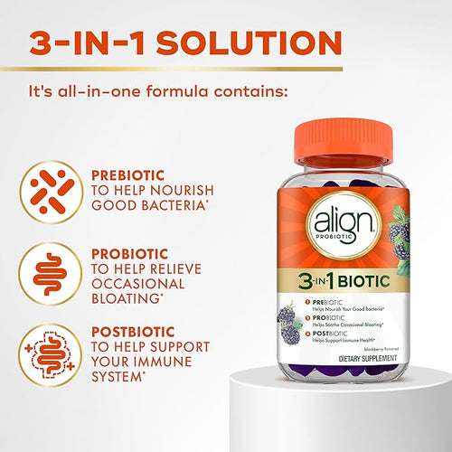 Align Probiotic3-in-1 Biotic GummiesPre + Pro + Postbiotic#1 Doctor Recommended-Probiotic Brand‡Helps Relieve Occasional Bloating*BlackBerry Flavor50 Gummies(Pack of 2)