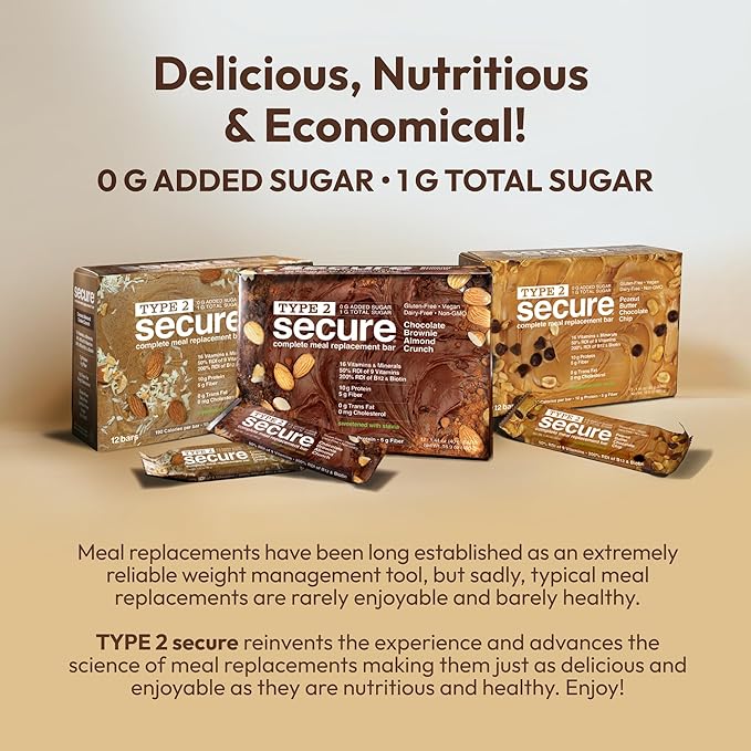 ANDREW LESSMAN Type 2 Secure Complete Meal Replacement Bars (Stevia) – VARIETY(Coconut Almond Cookie Crunch Chocolate Brownie Almond Crunch Peanut Butter Chocolate Chip) – 36 ct box – 10g Protein