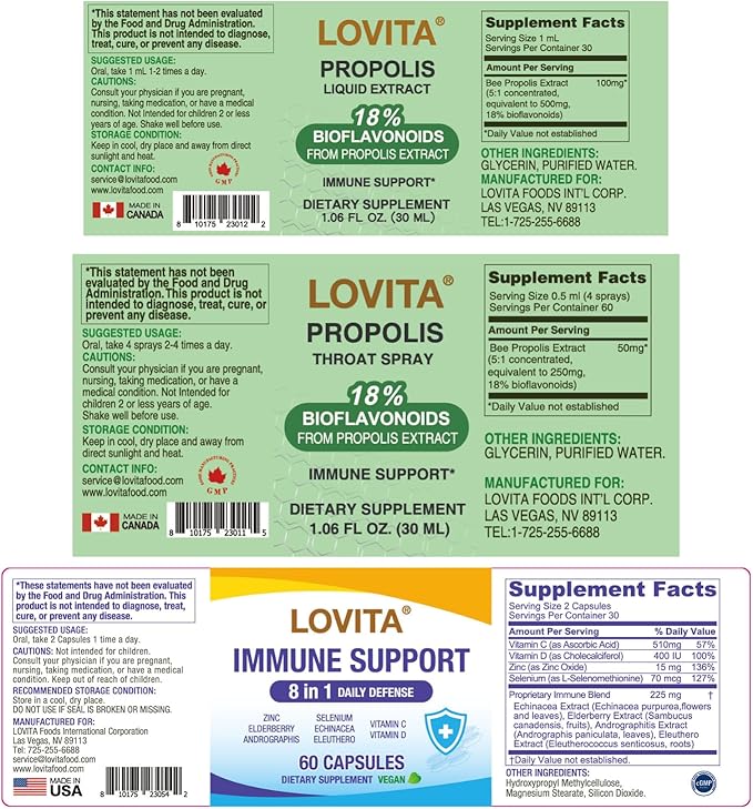 LOVITA Complete Immune Bundle - 1 Propolis Drops 1 Throat Spray &amp 1 Immune 8-in-1 Capsules Zinc Elderberry &amp Bee Propolis System (3 Pc Set)