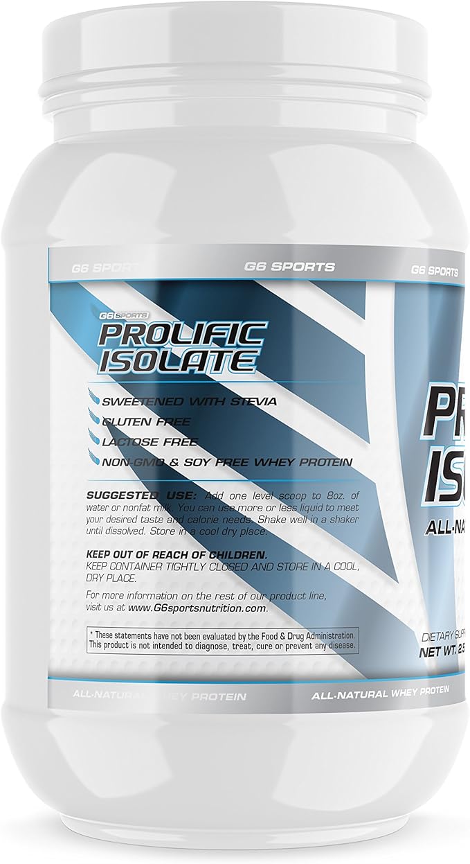 G6 Sports Nutrition Prolific Isolate All Natural Whey Protein Isolate (Gluten Free Lactose Free Soy Free Stevia Sweetened 25g Protein 100 Calories) – 2.5lb Jar – Raspberry Gelato