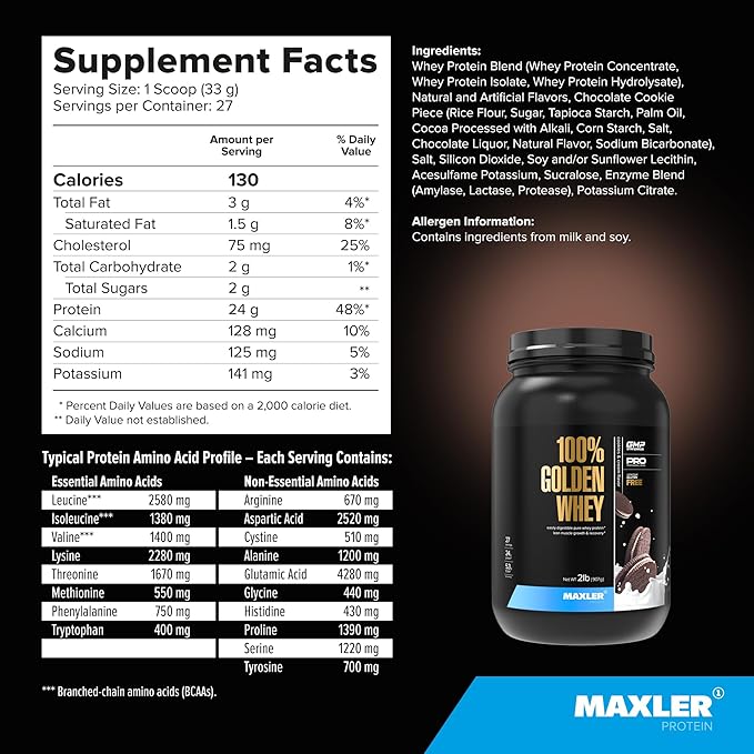 Maxler 100% Golden Whey Protein - 24g of Protein per Serving - Whey Protein Powder for Pre Post Workout - Fast-Absorbing Whey Concentrate Isolate &amp Hydrolysate Blend - Cookies &amp Cream 2 lb