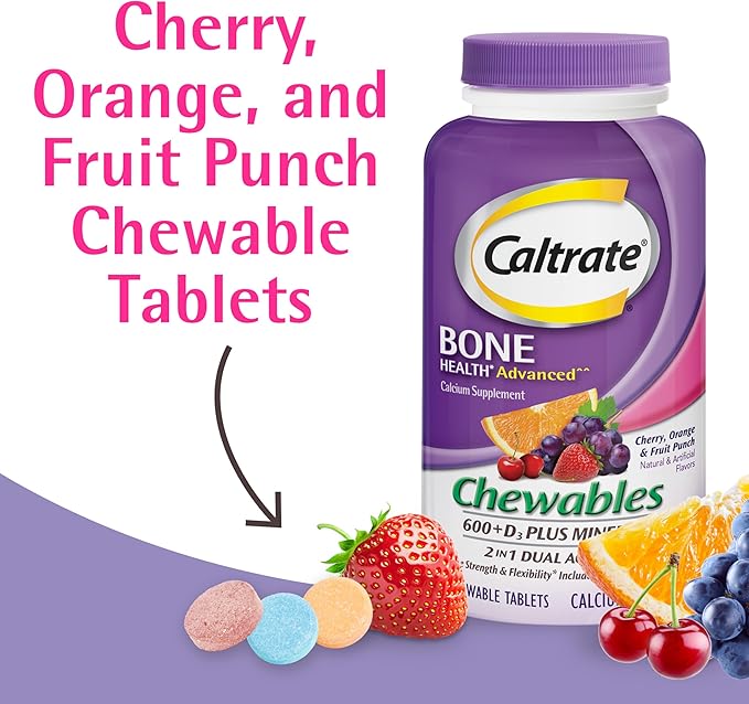 Caltrate Chewables 600 +D3 Plus Minerals Calcium and Vitamin D Sugar Free Cherry Orange and Fruit Punch 155 count
