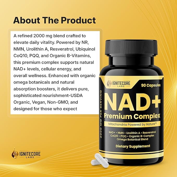 NAD+ Premium Complex 2000mg – NMN Nicotinamide Riboside Urolithin A Resveratrol CoQ10 PQQ Organic B‑Complex Omega Botanical Blend – Vegan Non‑GMO USDA Organic – 90 Capsules