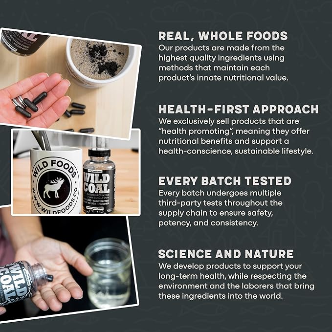 Wild Foods Activated Charcoal Capsules | 100% Organic Coconut Shells Active Tablets for Bloating Relief | Lab Tested &amp Non-GMO Detox Pills | USA (Two Bottles - 120 Capsules)
