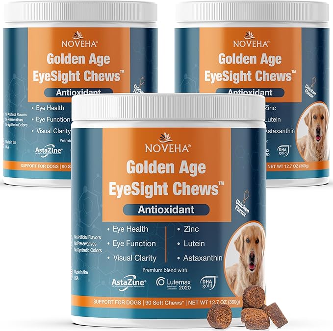NOVEHA Eye Supplement for Dogs - Vision Support with Lutein + Vitamin C &amp Astaxanthin Antioxidants - Dog Vitamins for Eyes + Fish Oil for Omega 3 EPA - Made in USA - 90 Soft Chews (3 Pack)