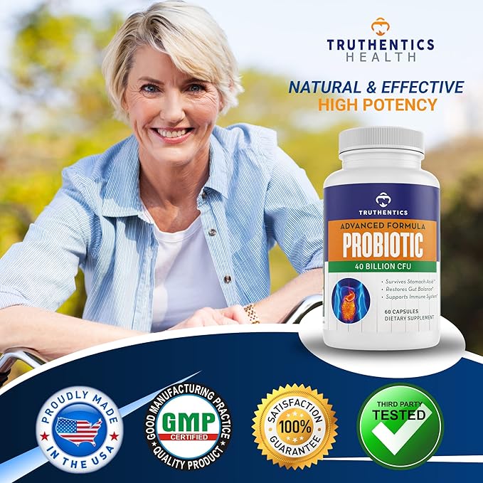 TRUTHENTICS Probiotic 40 Billion CFU with Prebiotics - Bifidobacterium Lactobacillus Acidophilus Paracasei Probiotics for Men &amp Women - Shelf Stable - 60 Vegan Capsules
