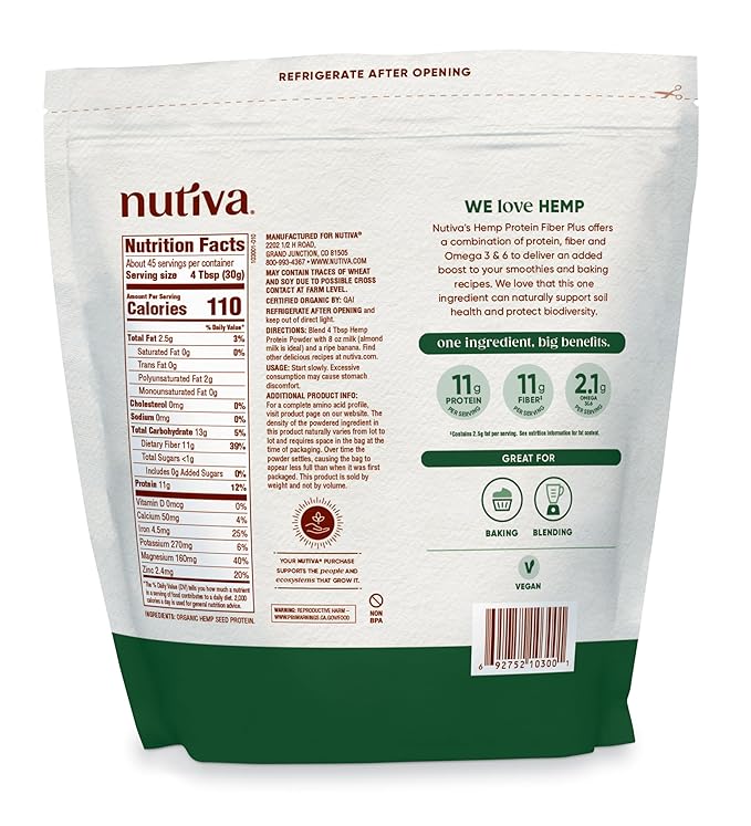 Nutiva USDA Organic Cold-Pressed Hemp Seed Plant Protein Power 3 Pound Fiber Plus with Essential Amino Acids Non-GMO Whole 30 Approved Vegan &amp Keto