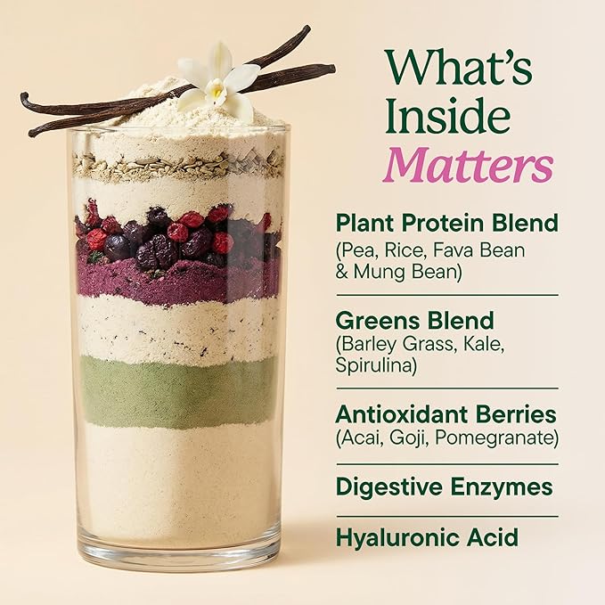 Nutranelle Vanilla Protein Powder - 25g Vegan Protein Powder with Greens - Unsweetened &amp Gluten Free Plant Based Protein - Gluten Free Nutrition Made in USA - Perfect for Smoothies Shakes &amp R