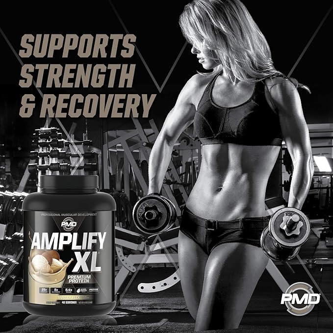 PMD Sports Amplify XL Premium Whey Protein Supplement Hydro Greens Blend - Glutamine and Whey Protein Matrix with Superfood for Muscle Strength and Recovery - Vanilla Flex (24 Servings)