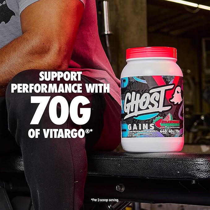 GHOST Clear Gains Mass Gainer Protein Powder - Post-Workout Weight Gainer Mix - 40g of Whey Protein Isolate 440 Calories &amp 70g Vitargo Carbs - Lean Muscle Building &amp Recovery - Strawberry Wat