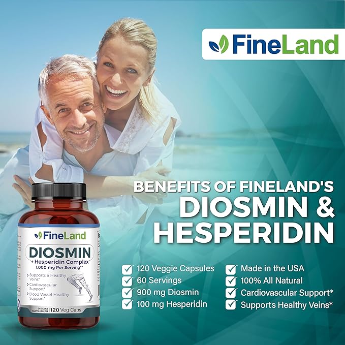 FineLand Diosmin &amp Hesperidin Complex Premium Advanced Formula 1000 mg Blood Flow and Circulation Support 120 Capsules 100% Vegan All Natural