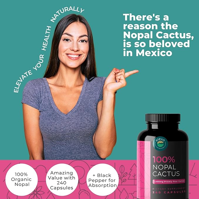 Nopal Cactus Capsules 1500mg- Organic Sun-Dried Prickly Pear Cactus Powder &amp Black Pepper Extract for Absorption- Natural Prickly Pear Super Supplement- Fiber Vitamins and Minerals 240 Capsules