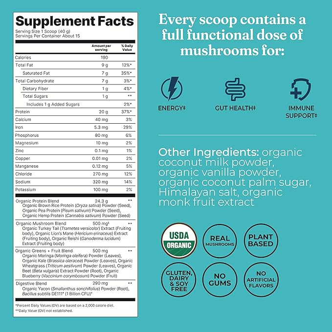 Four Sigmatic Organic Vegan Protein Powder | 18g Plant-Based Protein per Serving | Gluten Free Dairy Free Soy Free Non-GMO with No Filler Ingredients | 21.16oz 15 Servings | Vanilla