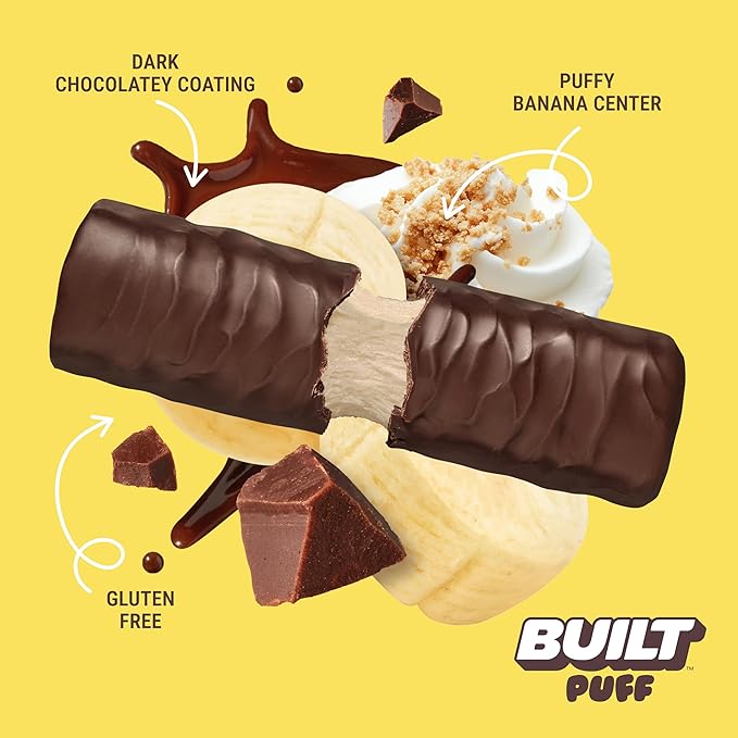 BUILT Bar Puff Protein Bars - Banana Cream Pie - 17g Protein Snack Bars with Collagen - Calorie Conscious &amp Gluten Free - 12 Count