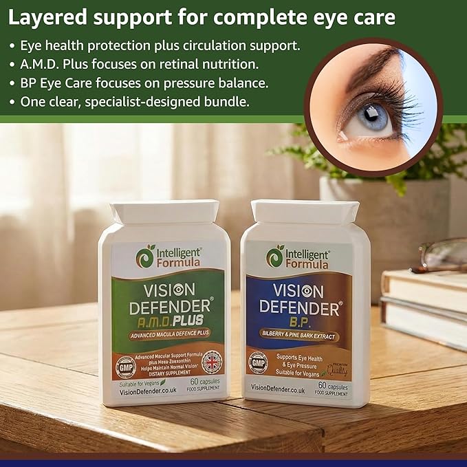 Vision Defender A.M.D. Plus &amp BP Eye Care Bundle – Advanced Eye Supplements with AREDS2 (Lutein Zeaxanthin Vitamin C &amp E Copper Zinc) Plus Meso-Zeaxanthin Bilberry Pine Bark. Made in UK