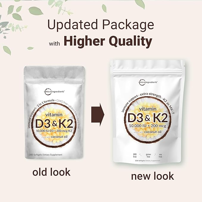 Micro Ingredients Vitamin D3 10000 IU + K2 MK-7 200 mcg 600 Softgels with Virgin Coconut Oil (2 Pack) | 2-in-1 Vitamins D &amp K Complex | Extra Strength Easy to Swallow Non-GMO Gluten Free