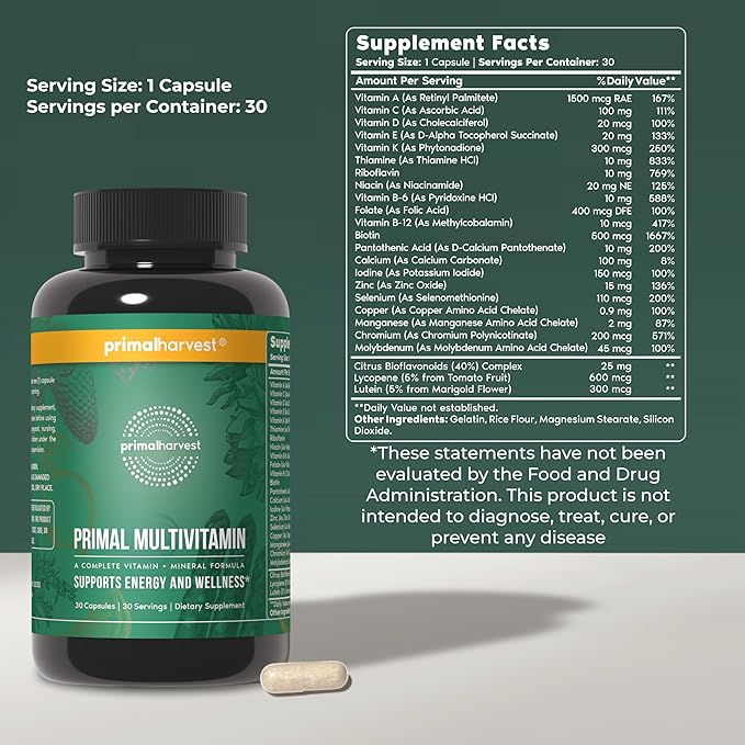 Primal Harvest Multivitamin &amp Magnesium Supplements for Women and Men Multi Vitamin Capsules and Magnesium Glycinate Pills Bundle